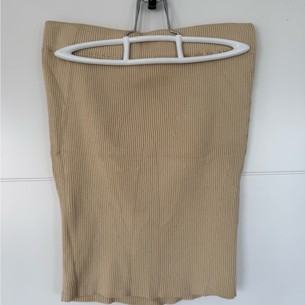 Meshki Tan Ribbed Pencil Skirt Mini Length